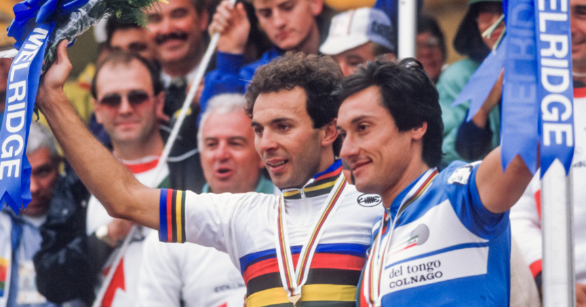 Moreno Argentin in maglia iridata e Giuseppe Saronni in azzurro